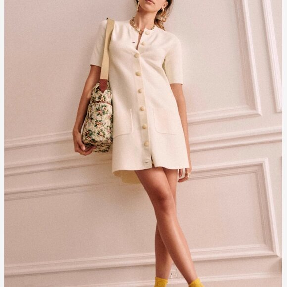NWT Sezane Ava Mini Dress Small Ecru Ivory Cream Knit Button Front Stretch - Picture 3 of 9